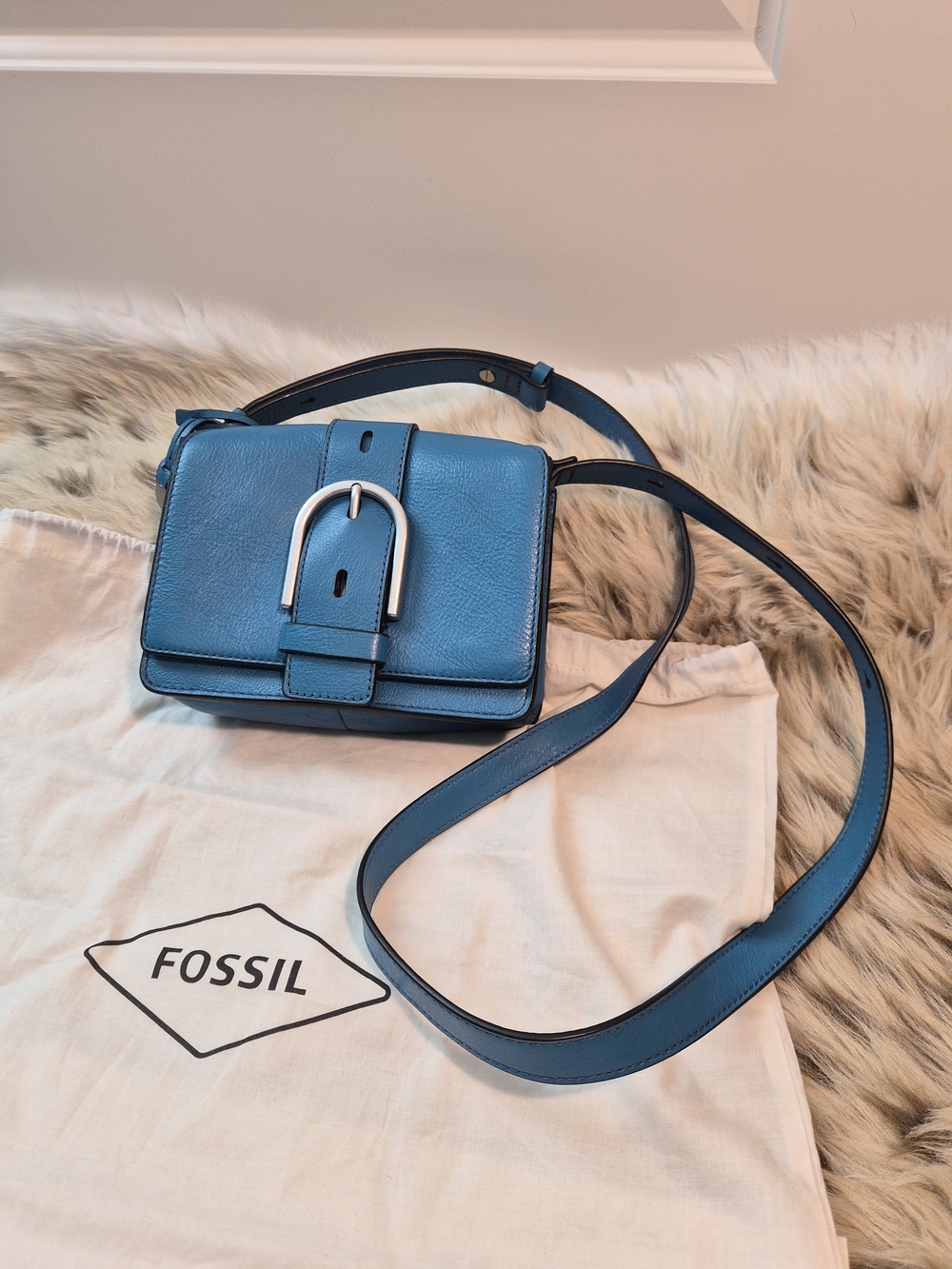 Fossil Teal Leather Silver Buckle Crossbody Bag